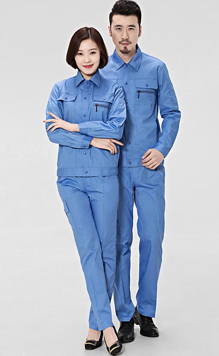 天藍色長袖工作服套裝定做款式模板圖二
