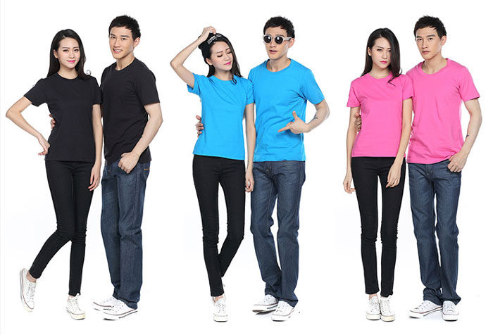 黑色/湖藍色萊卡棉圓領T恤衫定做男女款式展示圖