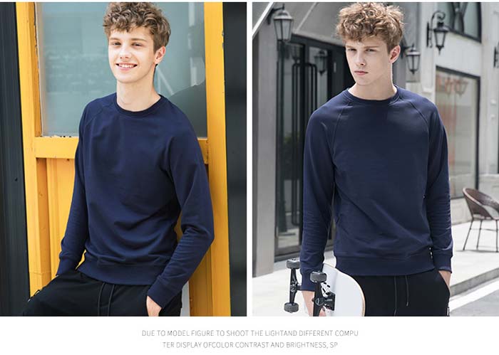 純色圓領線圈衛衣定做模特實穿之藏青色前后效果展示圖