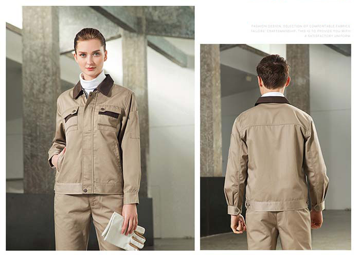 駝色現貨長袖滌棉工作服定做模特效果平面圖